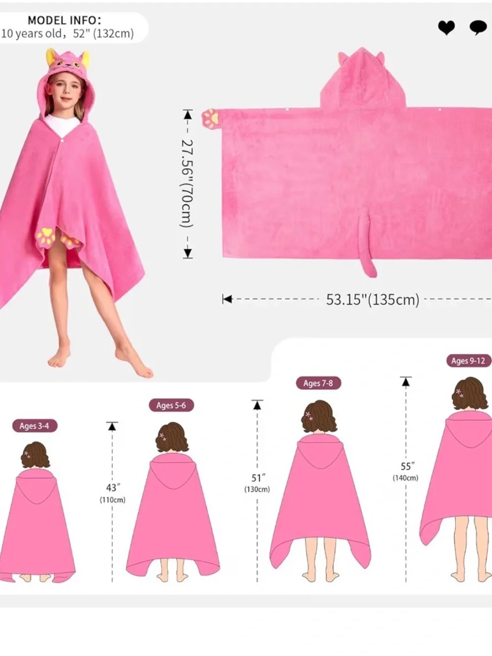 Pink Cat Hooded Towel Poncho with Paw Mitts